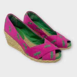 Lauren Ralph Lauren Pink Palm Cecelia Wedge Peep Toe Espadrille Sandal Sz 5.5